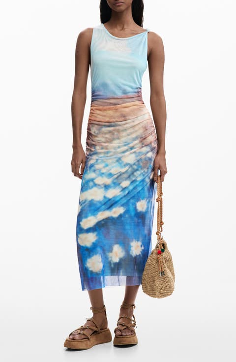 Sleeveless Abstract Floral Print Mesh Dress