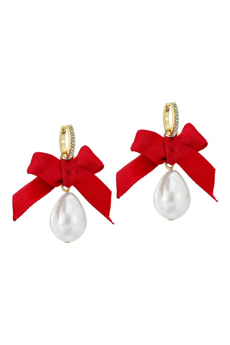 Riyya Ribbon Bow Faux Pearl Drop Earrings, Main, color, GOLD TONE/ PEARL / RUBY