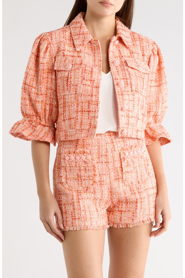 Lucie Julieta Puff Sleeve Bouclé Jacket, Main, color, PINK POPPY MULTI