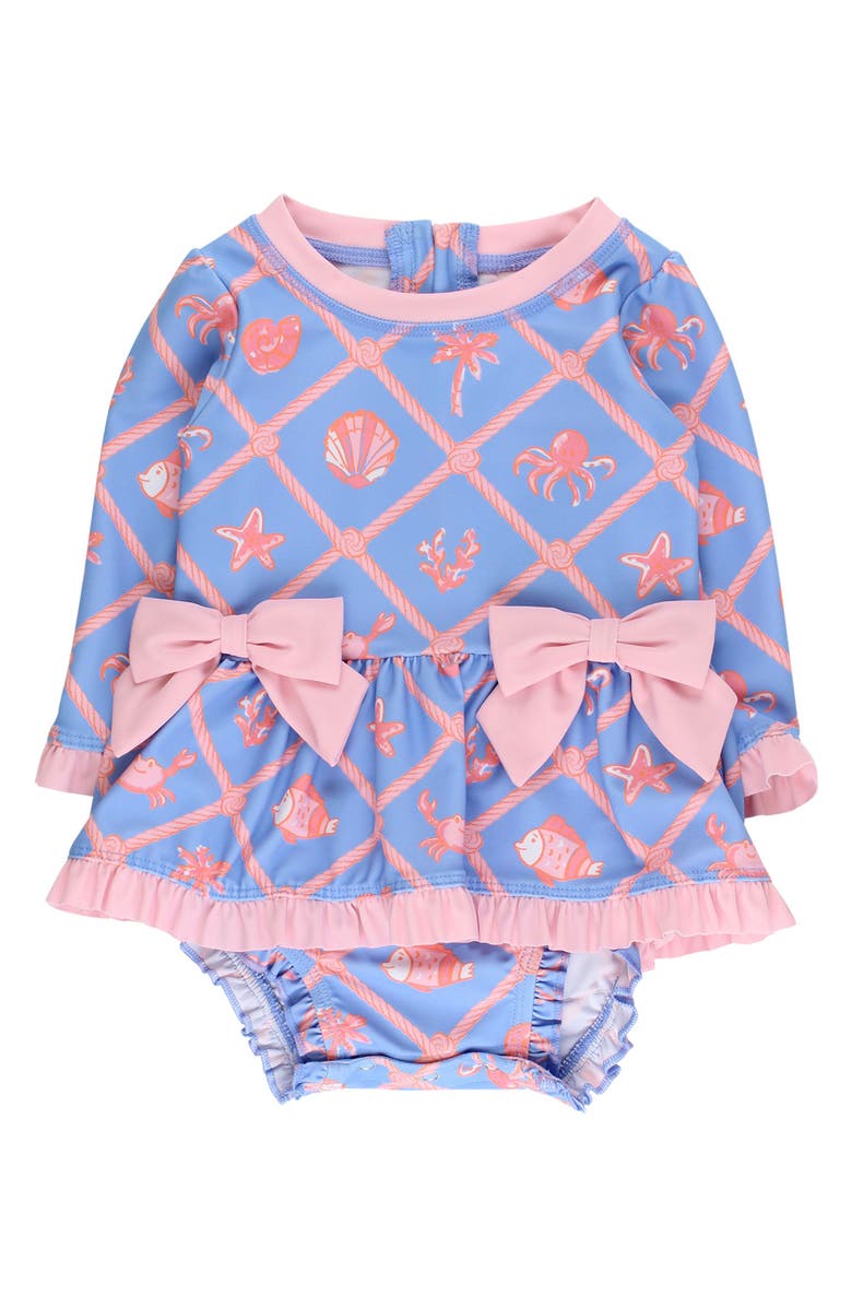 RuffleButts UPF50+ Long Sleeve One Piece Bow Peplum Rash Guard Swimsuit, Main, color, Tropical Trellis