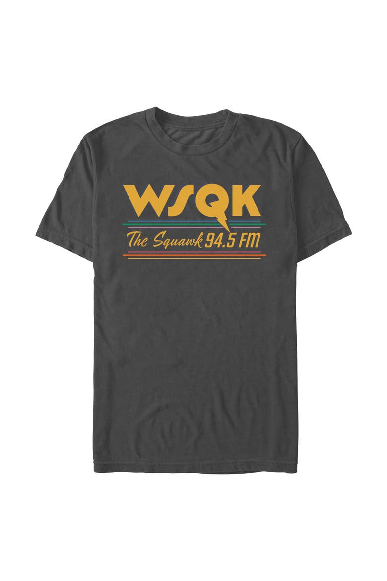 Netflix Men's Retro Radio The Squawk WSQK 94.5 FM Stripes Short Sleeve Graphic T-Shirt, Main, color, Charcoal