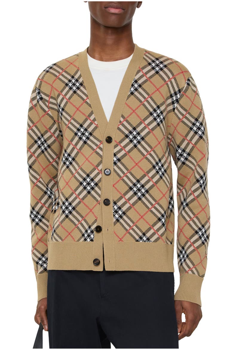 Check Cotton Wool Cardigan, Alternate, color, Sand beige