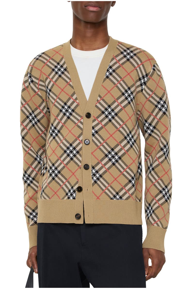 Burberry Check Wool Blend Cardigan, Alternate, color, Sand Beige