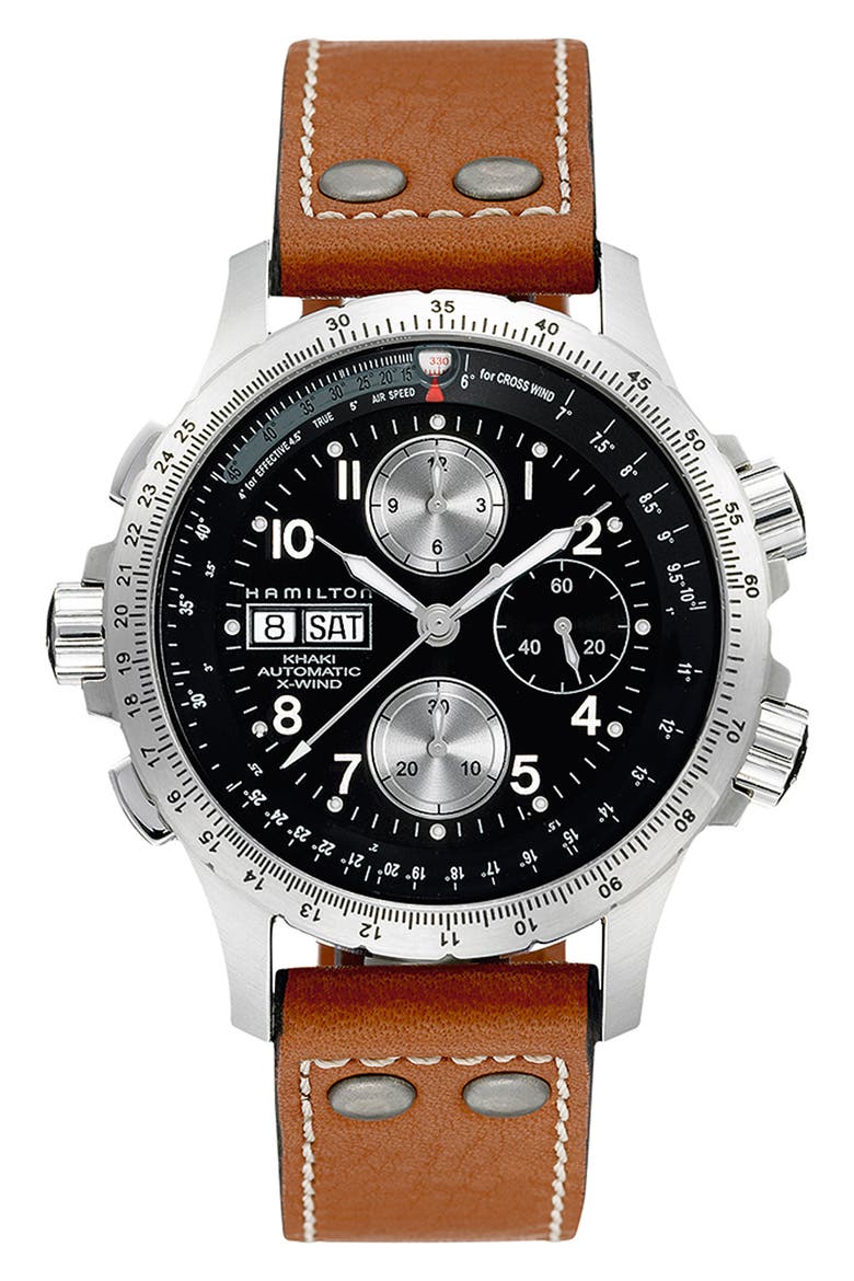 Khaki Aviation X-Wind Automatic Chronograph Leather Strap Watch, 44mm, Main, color, BROWN/ BLACK/ SILVER