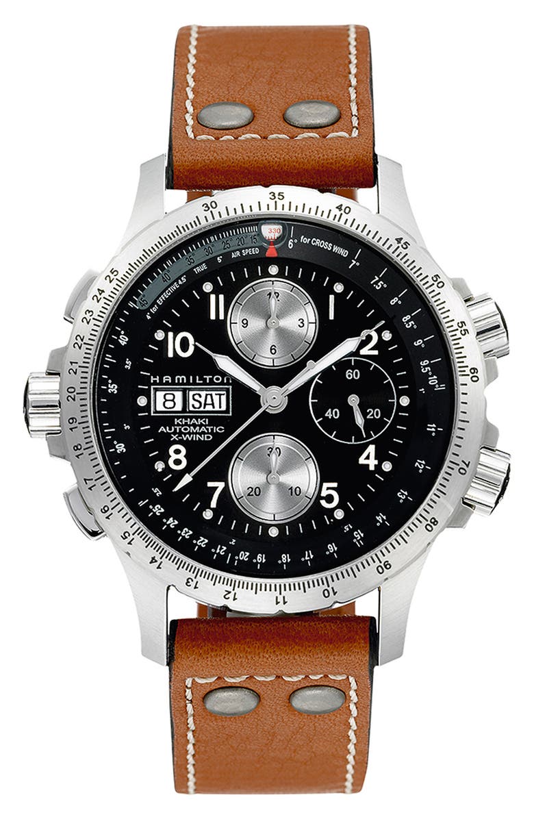 Hamilton Khaki Aviation X-Wind Automatic Chronograph Leather Strap Watch, 44mm, Main, color, Brown/ Black/ Silver
