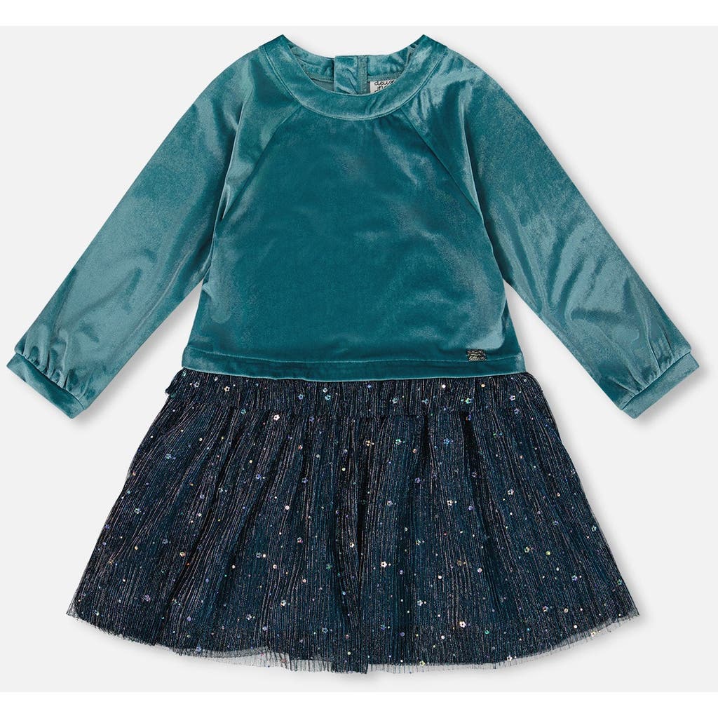 Deux Par Deux Long Sleeve Bi-material Velvet And Pleated Mesh Dress In Blue