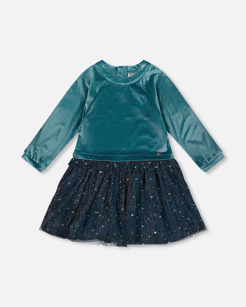 Deux Par Deux Long Sleeve Bi-material Velvet And Pleated Mesh Dress In Green