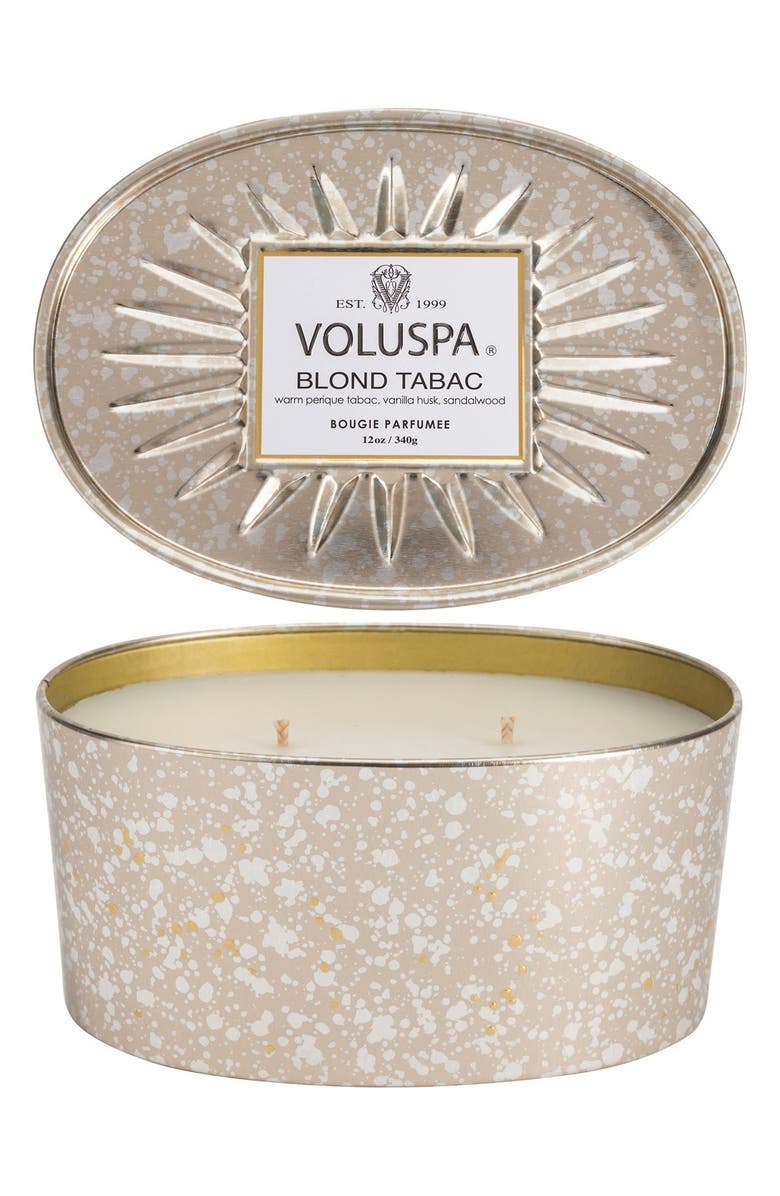 Voluspa Vermeil Blond Tabac Two-Wick Tin Candle, Main, color,