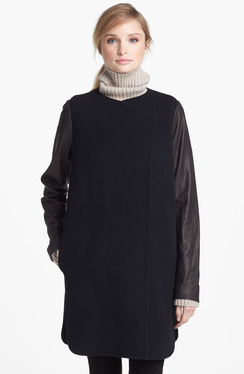 Vince Leather Sleeve Double Face Wool Coat, Main, color, 