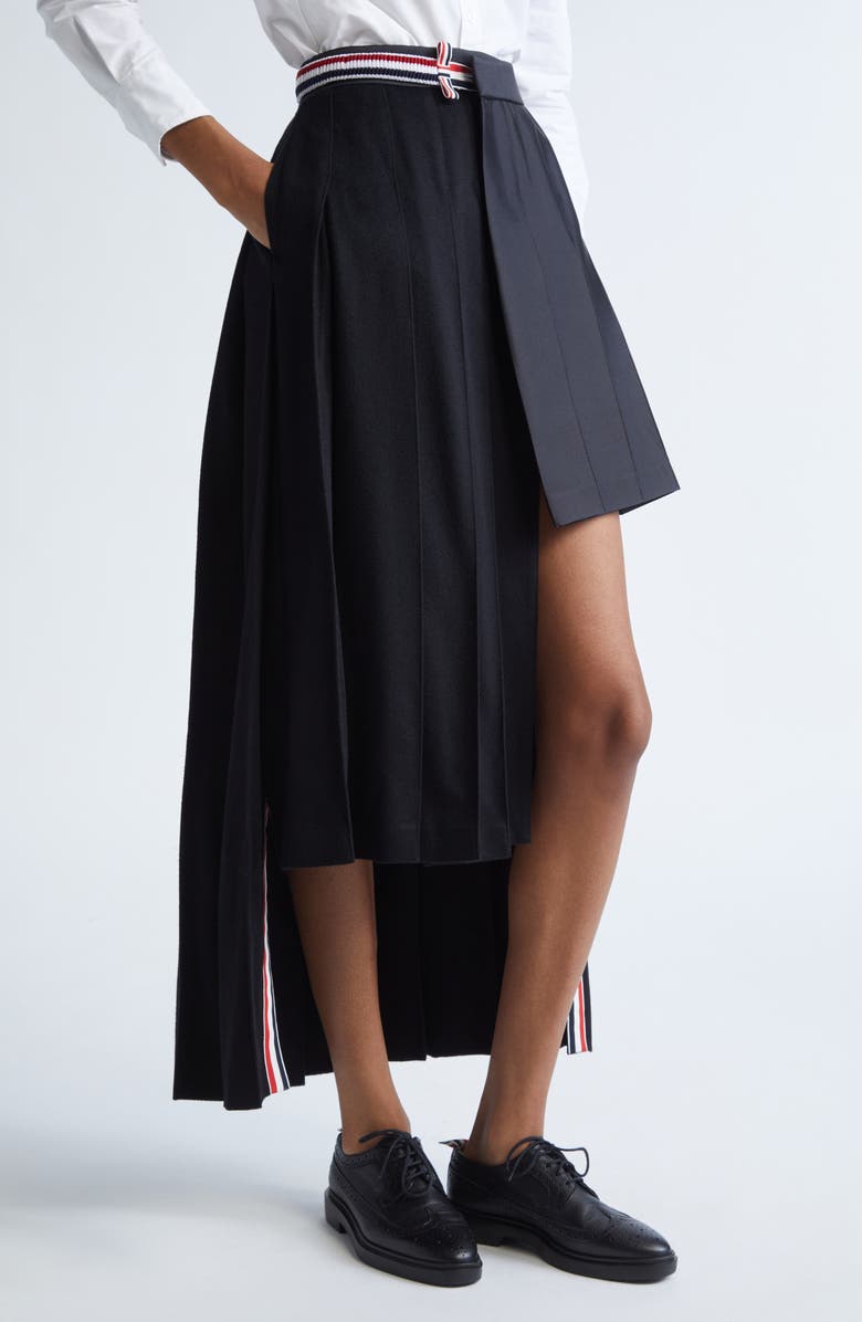 Thom Browne Pleated Asymmetric Mixed Media Wrap Skirt, Alternate, color, Black
