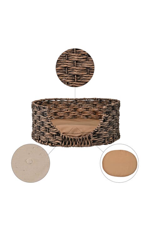 Perri 24" x 18" Classic Farmhouse Handwoven Hyacinth Oval Pet Bed, Machine-Washable Cushion