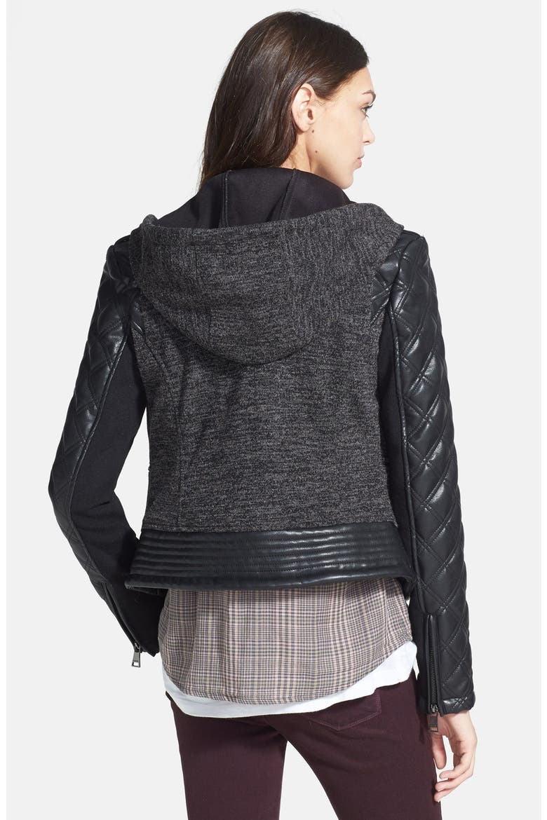 Knit & Faux Leather Hooded Moto Jacket, Alternate, color, BLACK