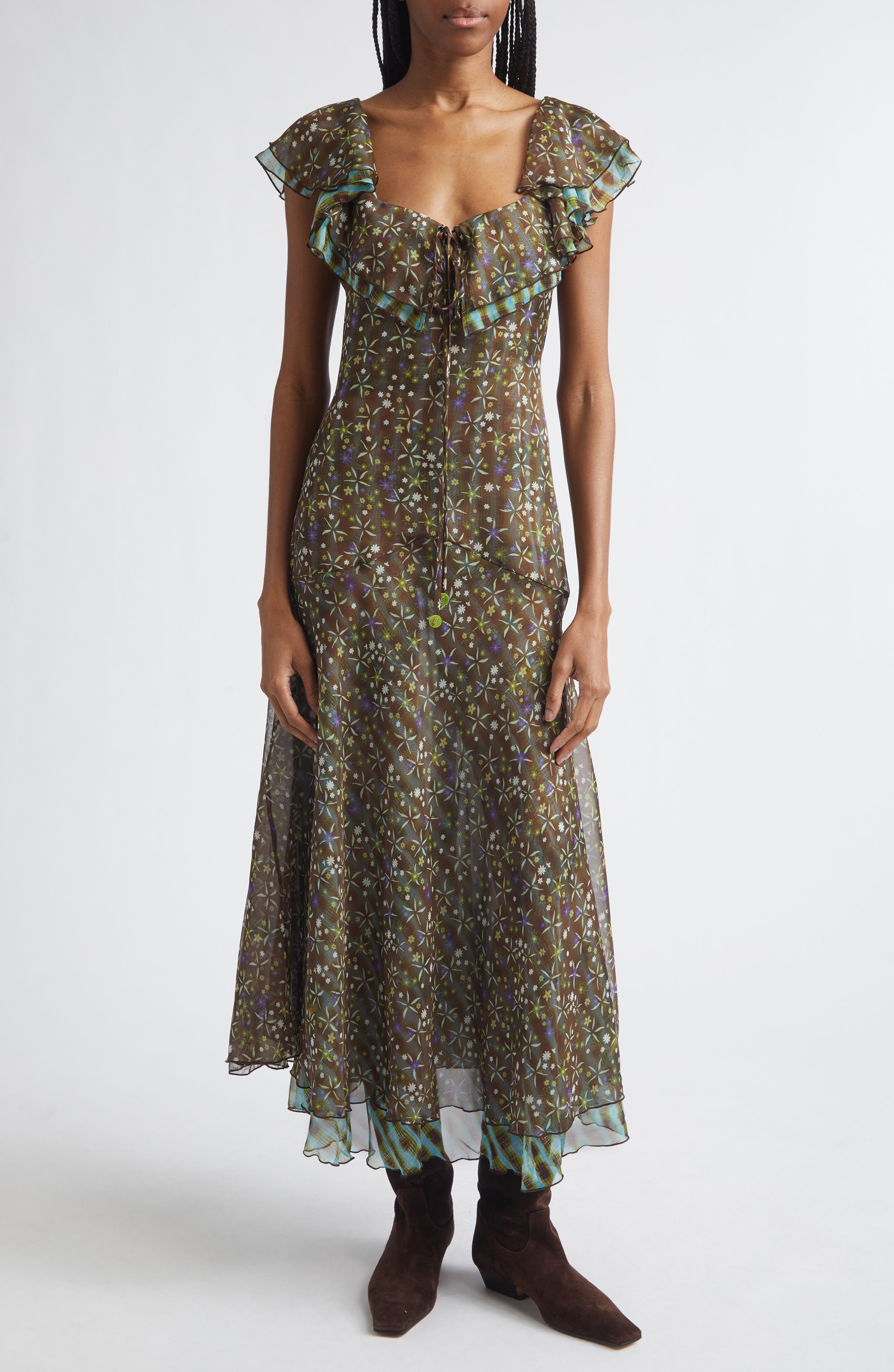 Caenes Ruffle Chiffon Midi Dress