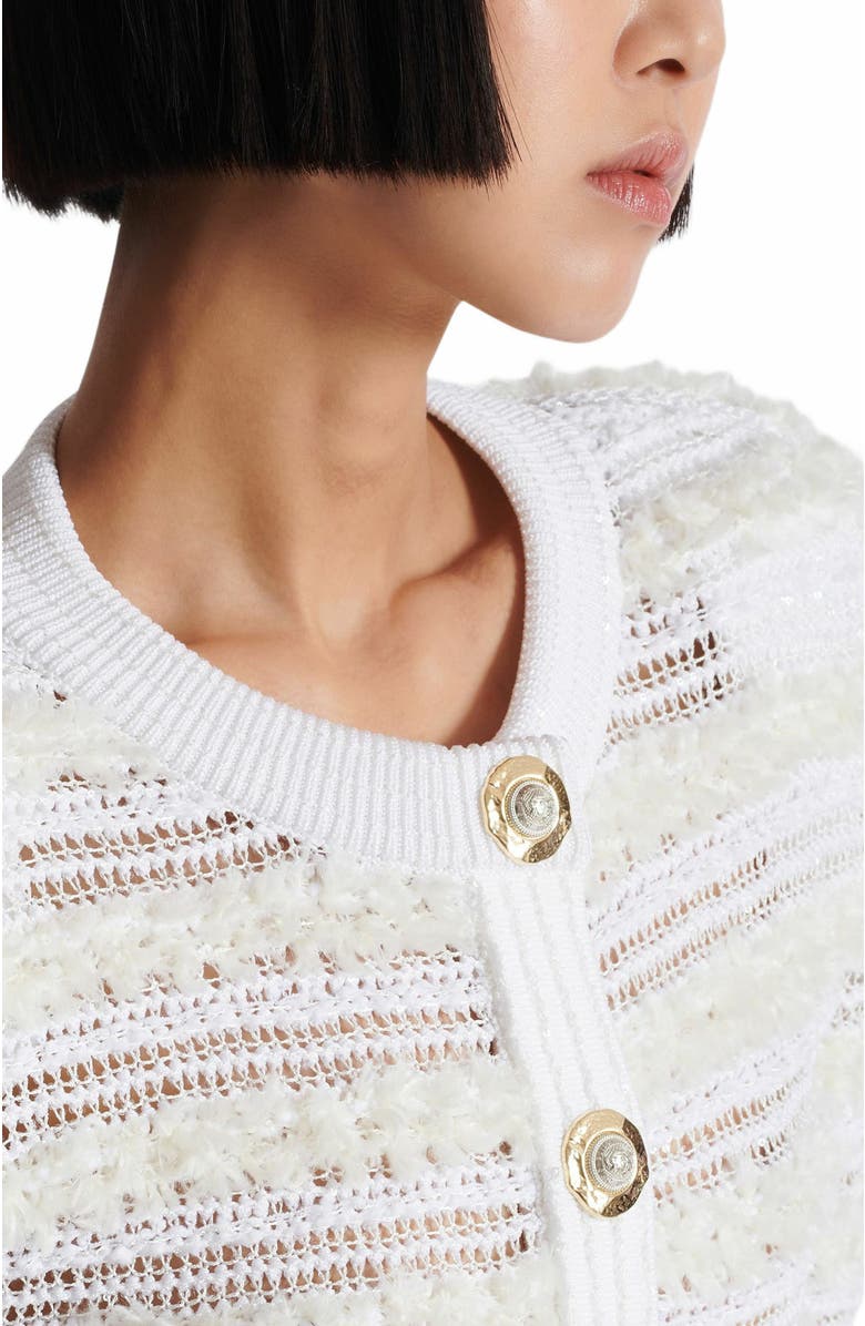 Balmain Long-Sleeved Tweed-Effect Knit Cardigan, Alternate, color, White