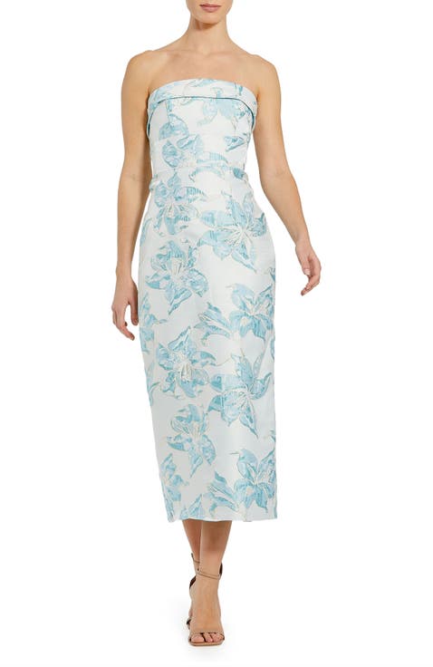 Strapless Floral Brocade Midi Column Dress