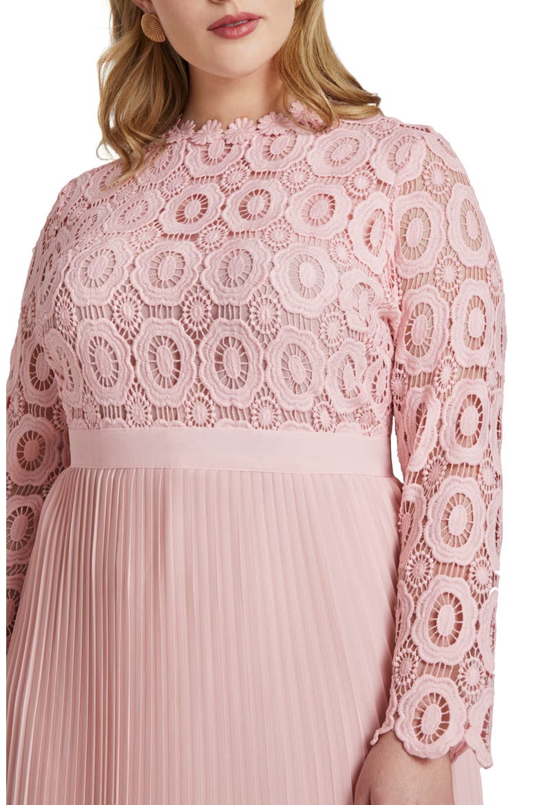 Lace Bodice Pleated Long Sleeve Evening Dress, Alternate, color, PALE PINK
