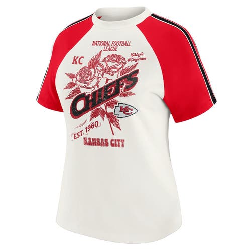 Wear By Erin Andrews White Kansas City Chiefs Sleeve Stripe Distressed Raglan T-shirt In White