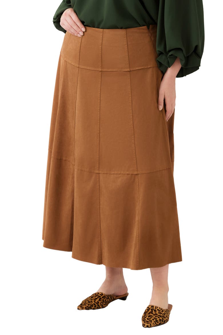 Tiered Faux Suede Midi Skirt, Alternate, color, CAMEL