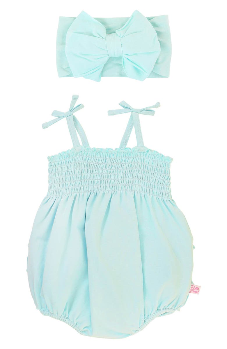 RuffleButts Starlight Smocked Bubble Romper and Headband Set, Main, color, 