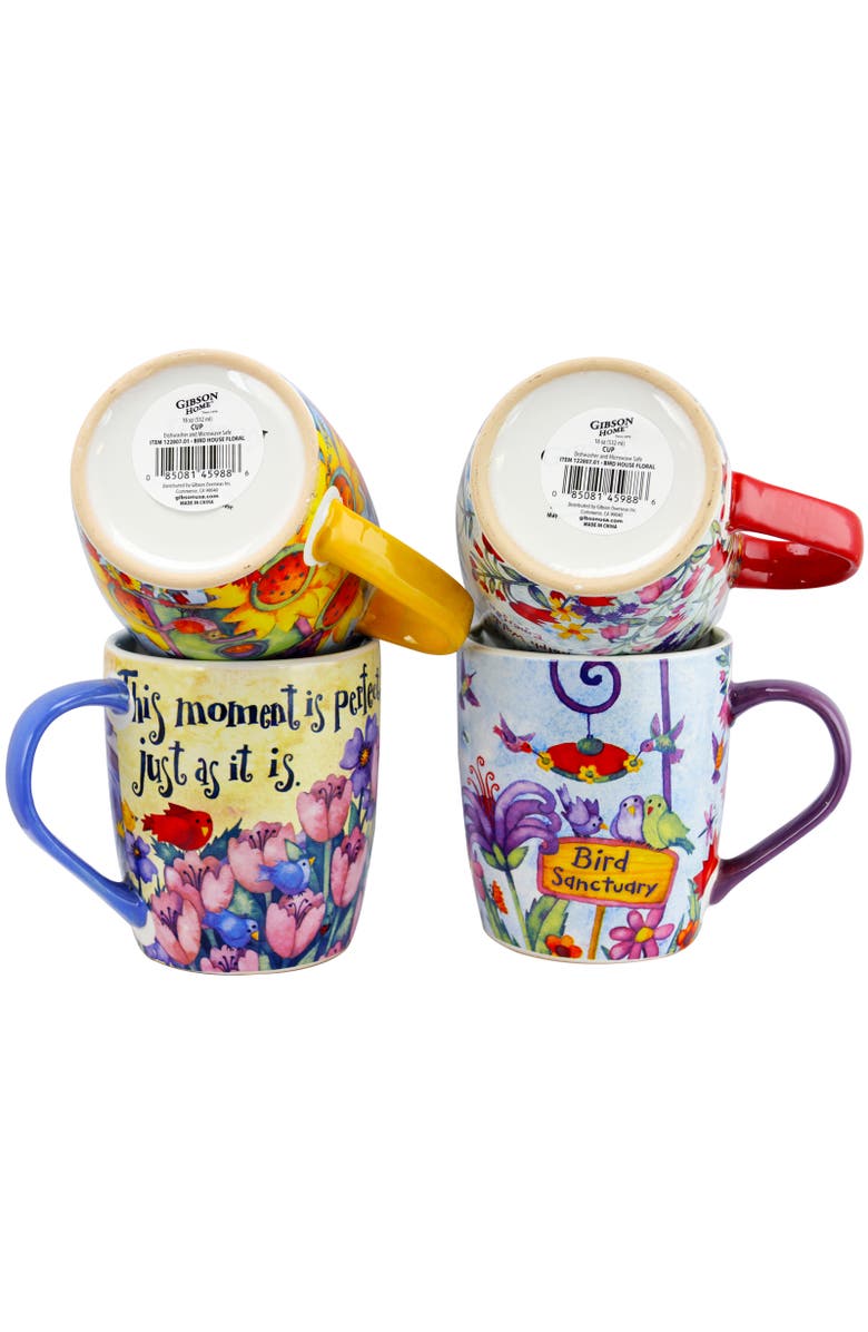 Gibson Home Birdhouse Floral 18 oz Cup Set, Set of 4 Assorted Designs, Alternate, color, Assorted