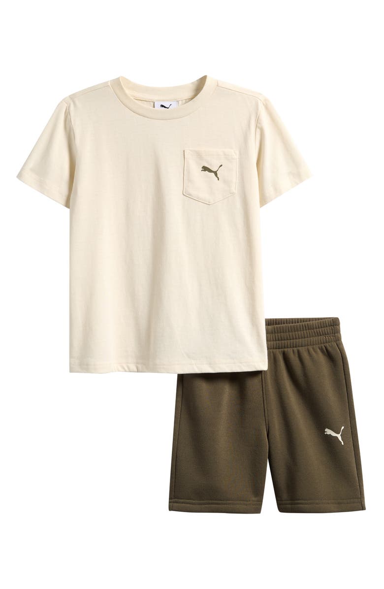PUMA Kids' Pocket T-Shirt & Sweat Shorts Set, Main, color, Tan Combo
