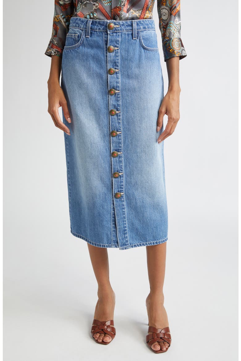 Kathleen Button Front Midi Denim Skirt, Main, color, BANDERA