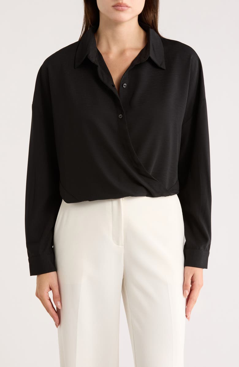 PATRIZIA LUCA Wrap Hem High-Low Button-Up Shirt, Main, color, Black