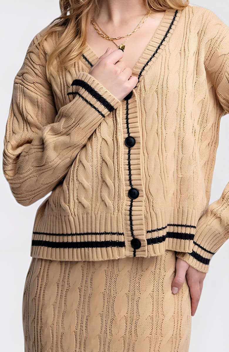 Modenaire Cable Knit Cardigan & Maxi Skirt Set with Striped Trim and Button Detail, Alternate, color, 