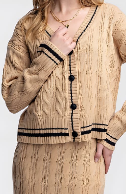 Modenaire Cable Knit Cardigan & Maxi Skirt Set With Striped Trim And Button Detail In Brown