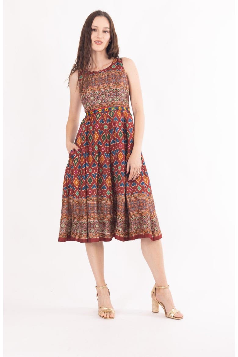 Russet Ajrakh Print Midi Dress, Alternate, color, Maroon