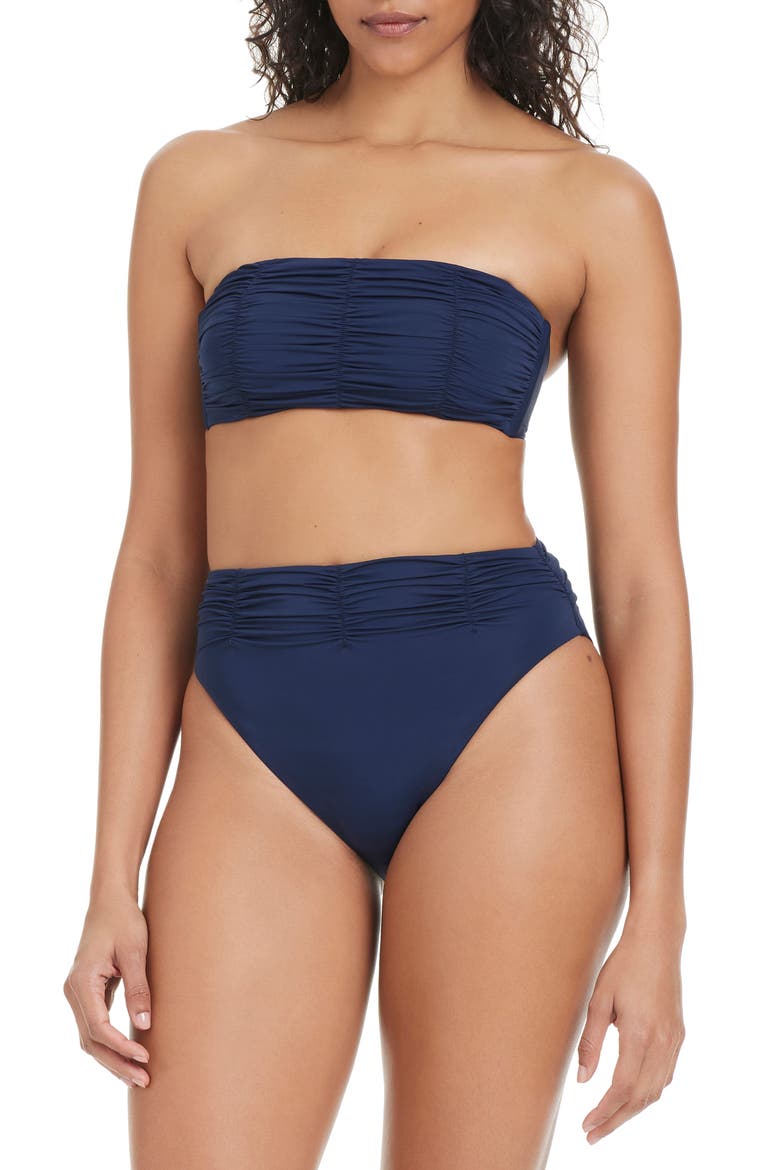 Shirred Bandeau Bikini Top, Alternate, color, NAVY MOOD