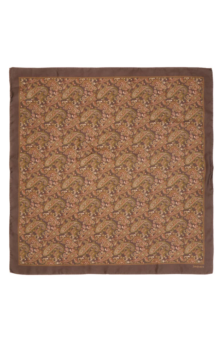Saint Laurent Ornamental Paisley Silk Twill Square Scarf, Main, color, Brown/ Light Brown/ Gold