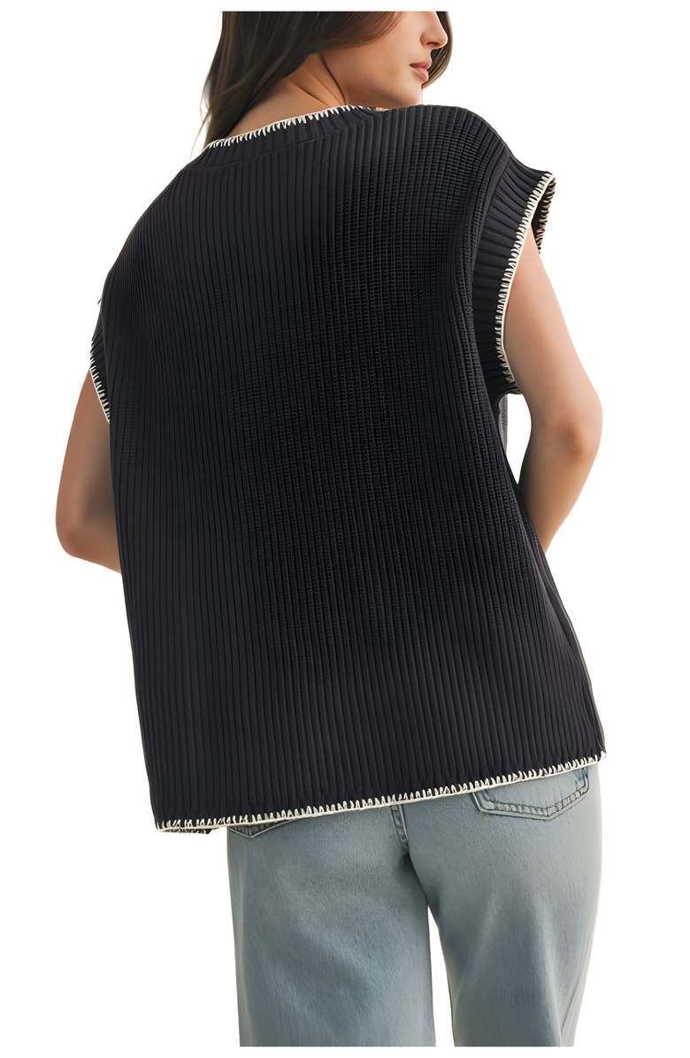 Knit and Lounge Ribbed Cap Sleeve Top with Contrast Whipstitch Trim, Alternate, color, 