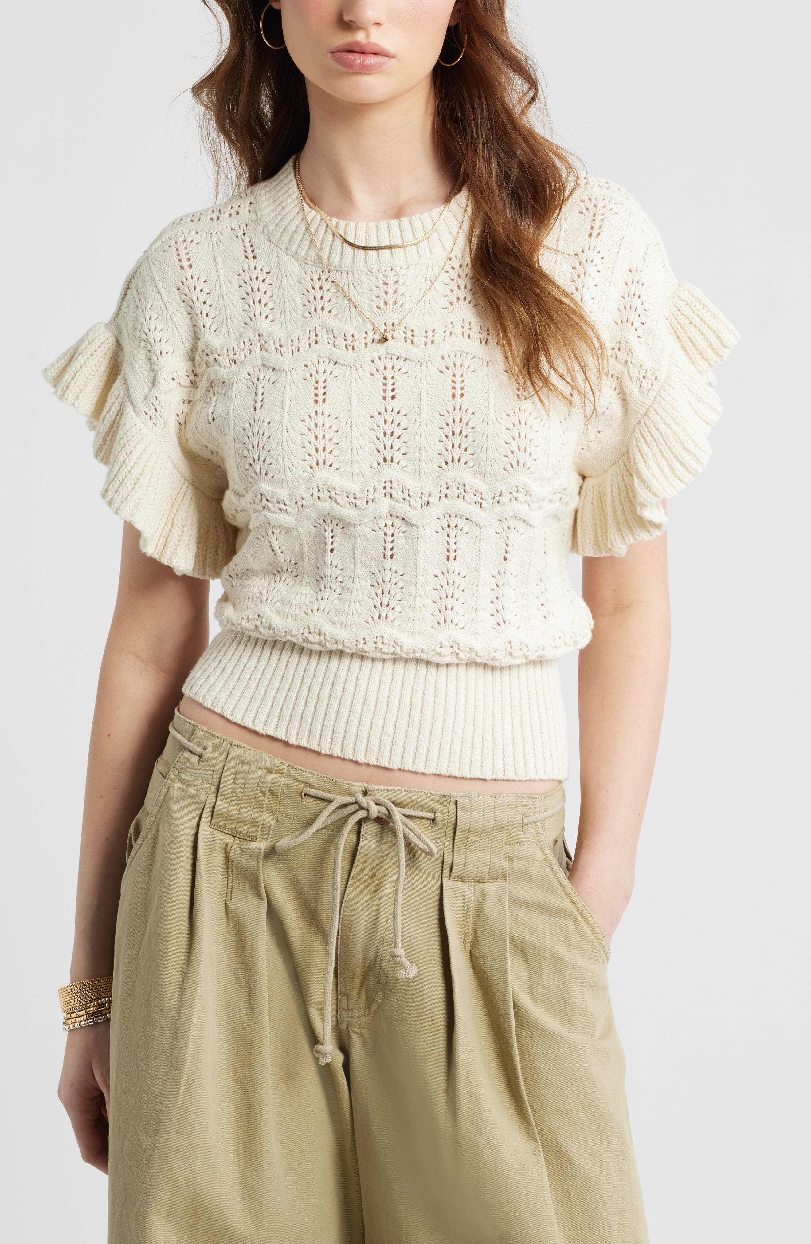 Flutter Sleeve Cotton Pointelle & Rib Sweater - image 3
