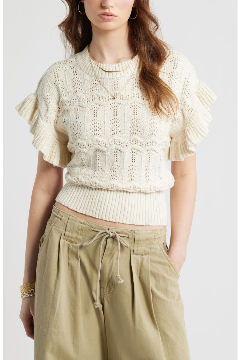 Flutter Sleeve Cotton Pointelle & Rib Sweater, Main, color, IVORY DOVE