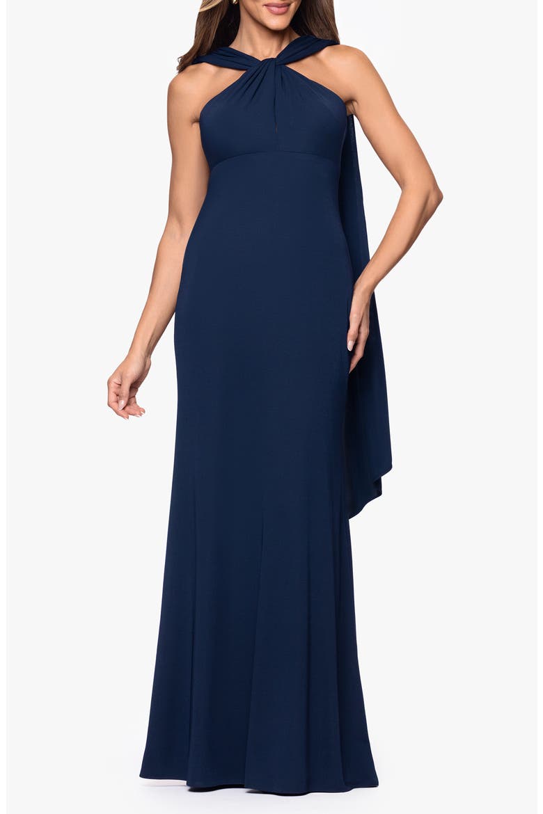 Scarf Detail Halter Neck Gown, Main, color, NAVY