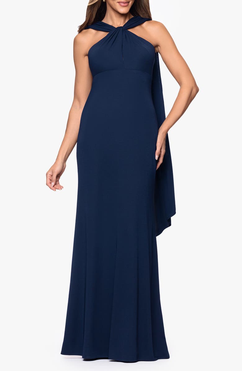Xscape Evenings Scarf Detail Halter Neck Gown, Main, color, Navy