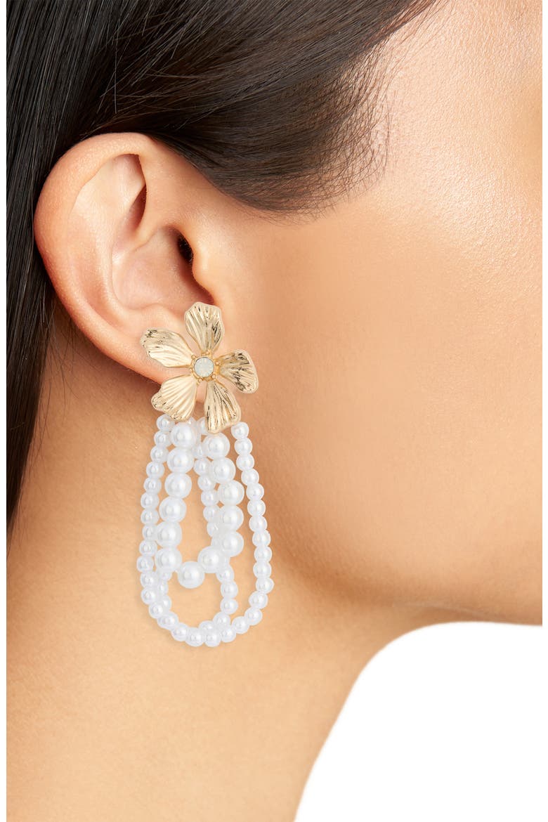 Floral Faux Pearl Drop Earrings, Alternate, color, WHITE- GOLD
