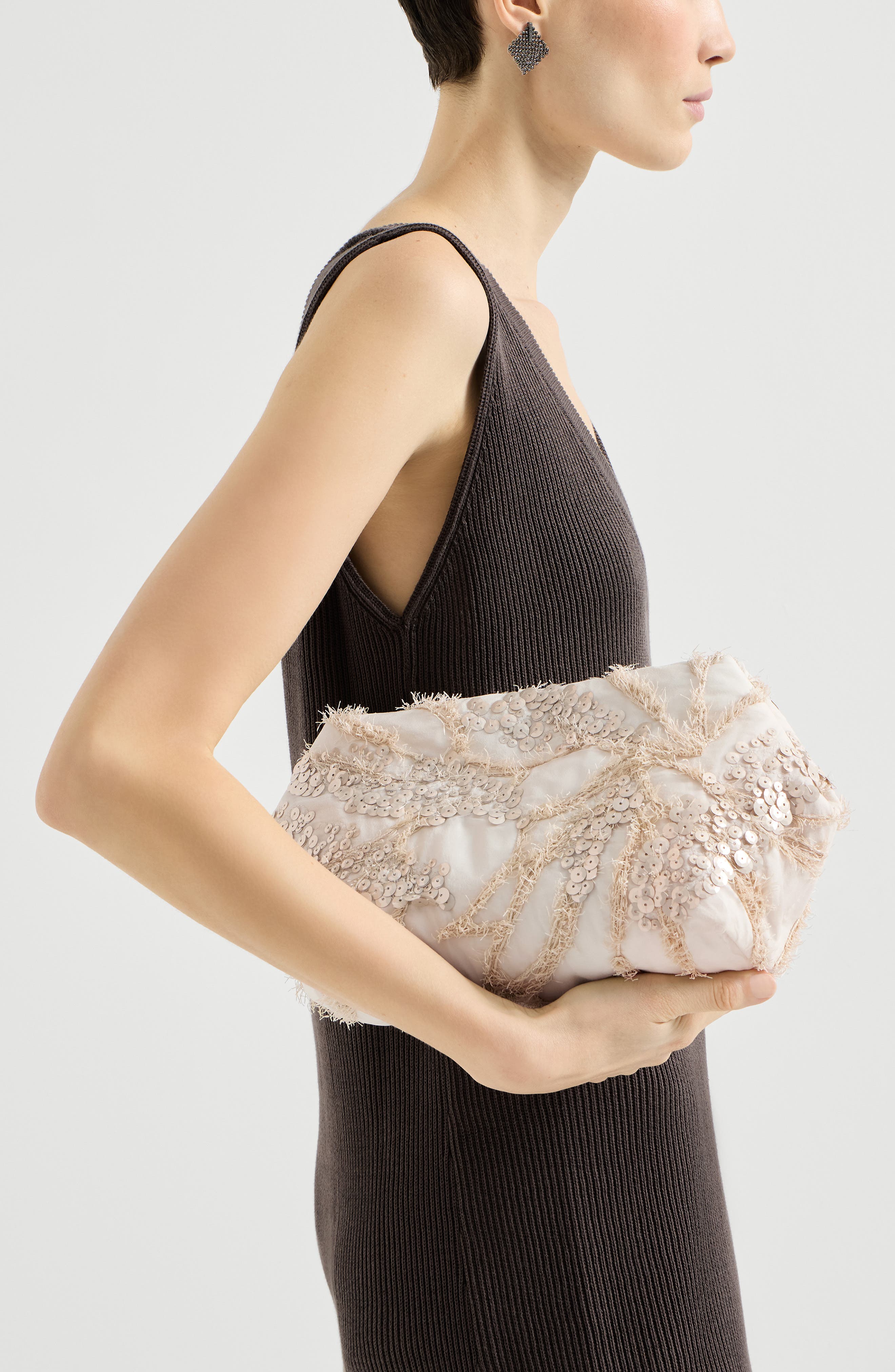 Brunello Cucinelli Pouch bag with dazzling seabed embroidery, Alternate, color, Beige