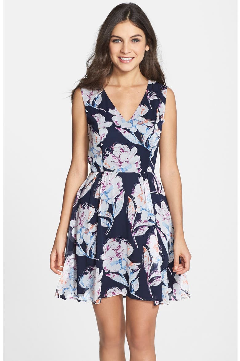 Print Chiffon Fit & Flare Dress, Main, color, NOCTURNAL MULTI