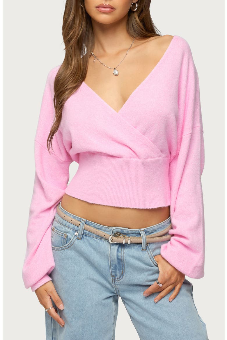 Lillia V-Neck Wrap Crop Sweater, Main, color, PINK