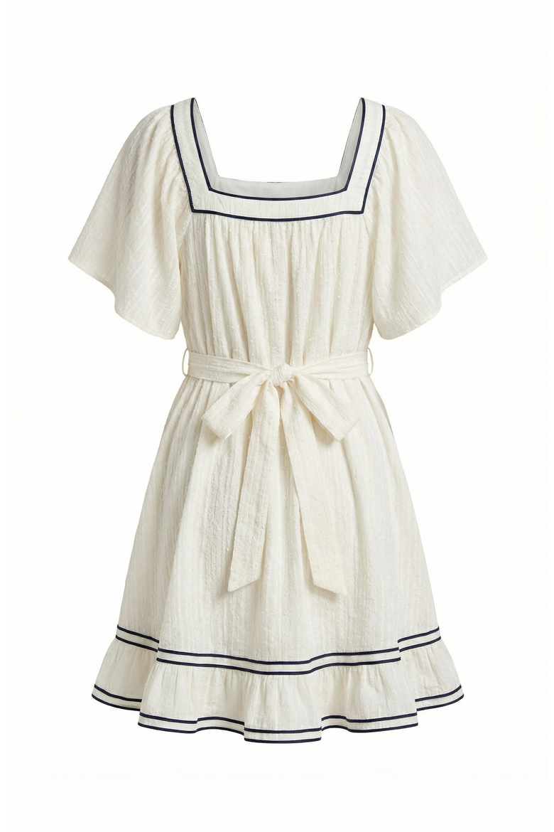 Square-Neck Contrast Trim Mini Dress, Alternate, color, Off-White / Navy
