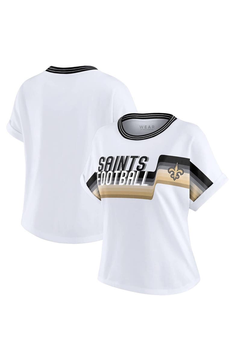 WEAR by Erin Andrews Women's WEAR by Erin Andrews White New Orleans Saints Cropped Center Stripe Dolman T-Shirt, Main, color, White