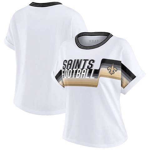Women's WEAR by Erin Andrews White New Orleans Saints Cropped Center Stripe Dolman T-Shirt