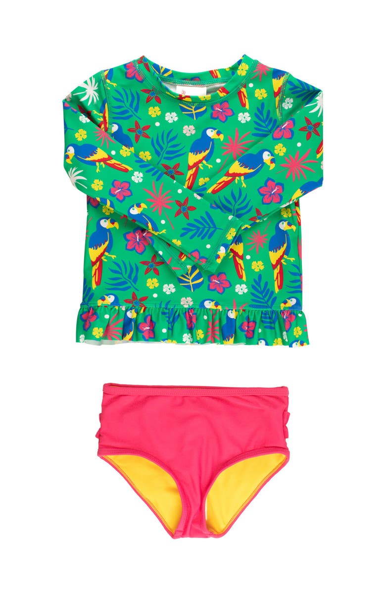 RuffleButts Girls UPF50+ Long Sleeve Rash Guard Bikini, Main, color, Parrot Palms