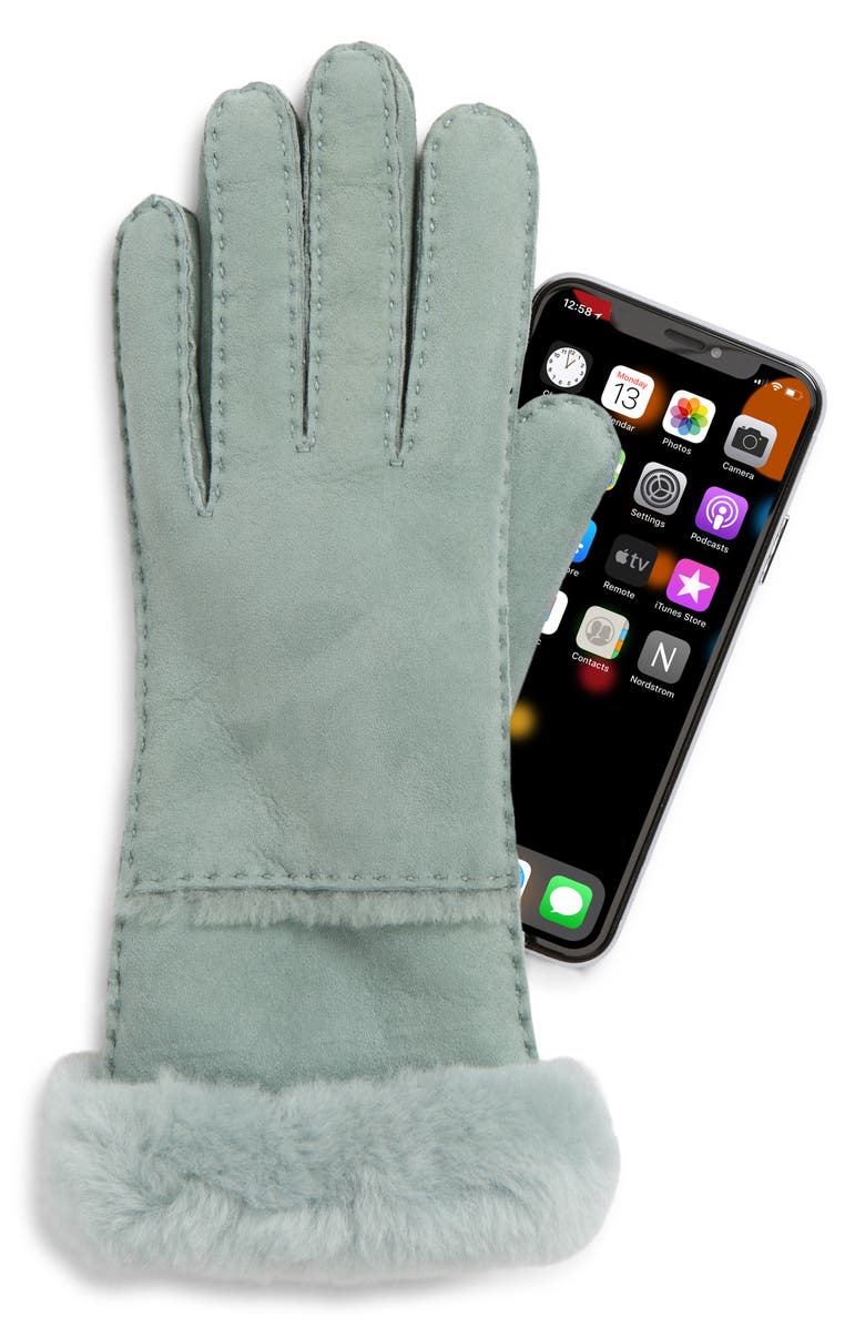 UGG<sup>®</sup> Seamed Touchscreen Compatible Genuine Shearling Gloves, Alternate, color, Grey Mist
