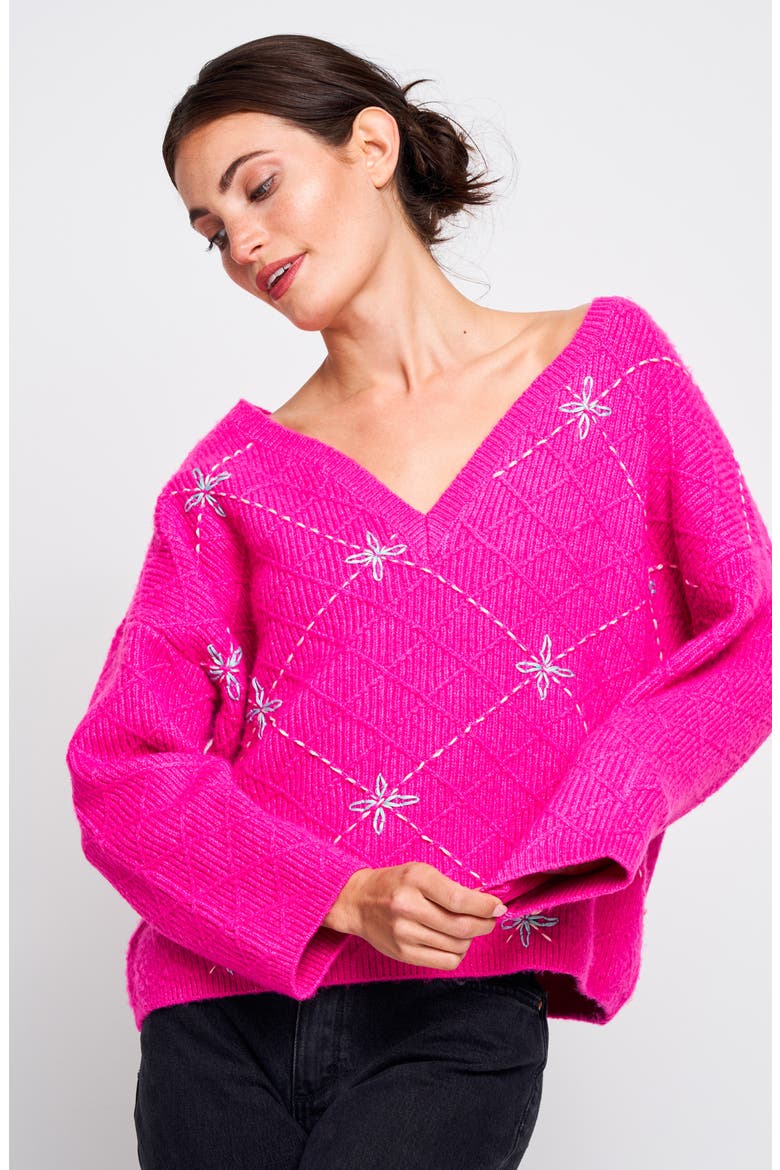 Grace Embroidered V-Neck Sweater, Alternate, color, PINK
