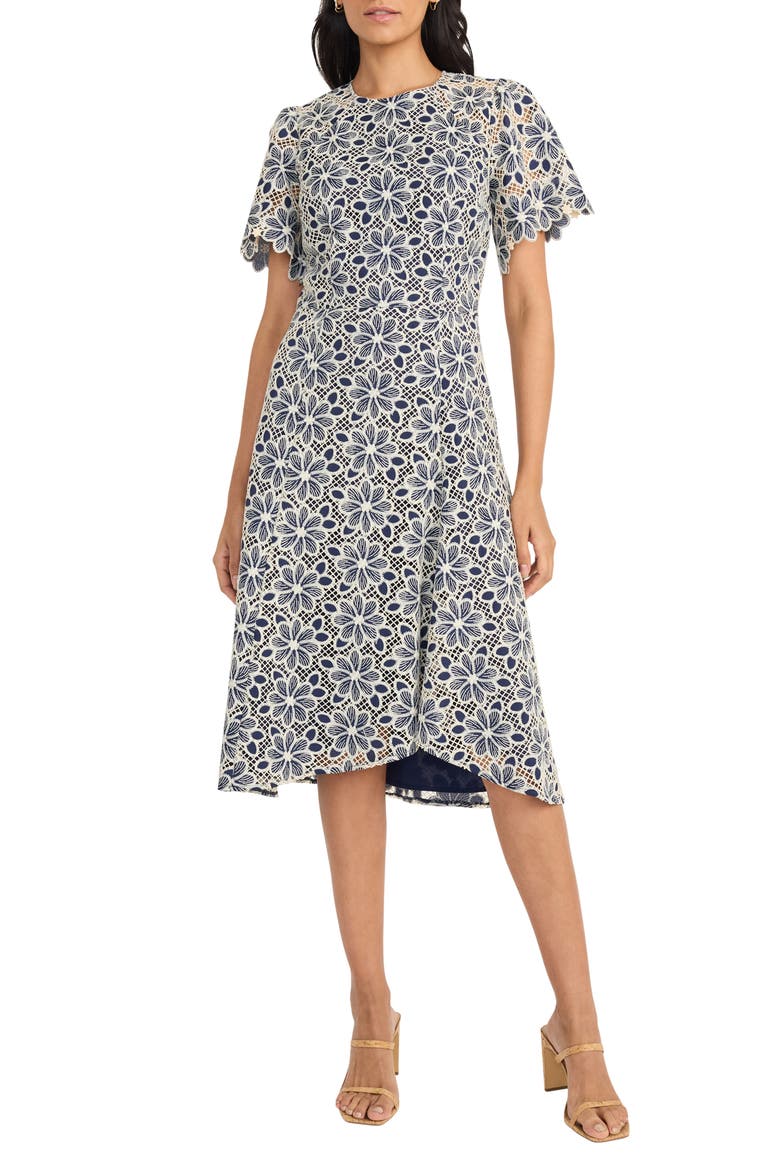 Embroidered Lace Midi Dress, Main, color, NAVY/ CREAM