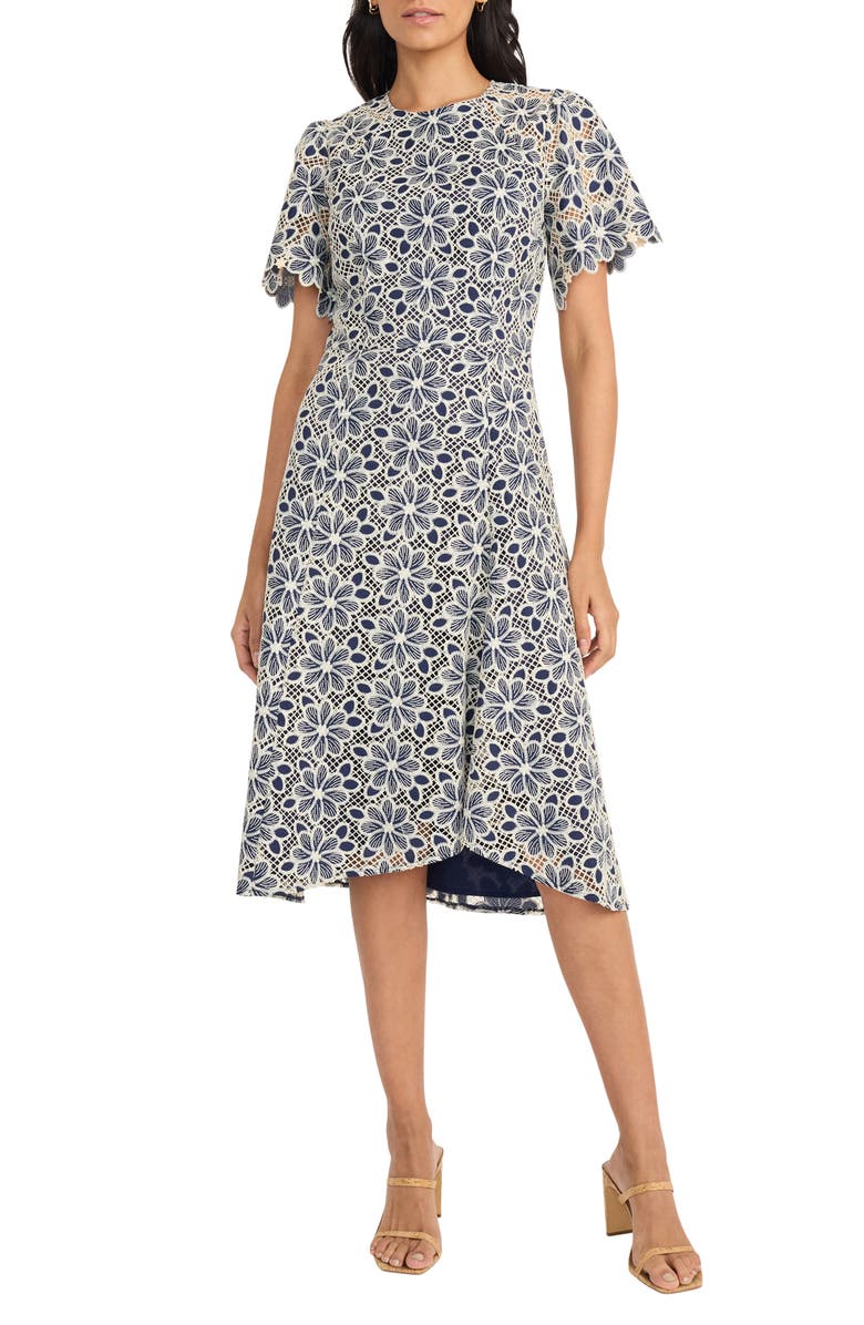 Maggy London Embroidered Lace Midi Dress, Main, color, Navy/ Cream