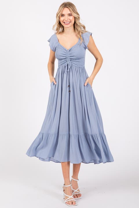 Smocked Ruched Ruffle Hem Maxi Dress